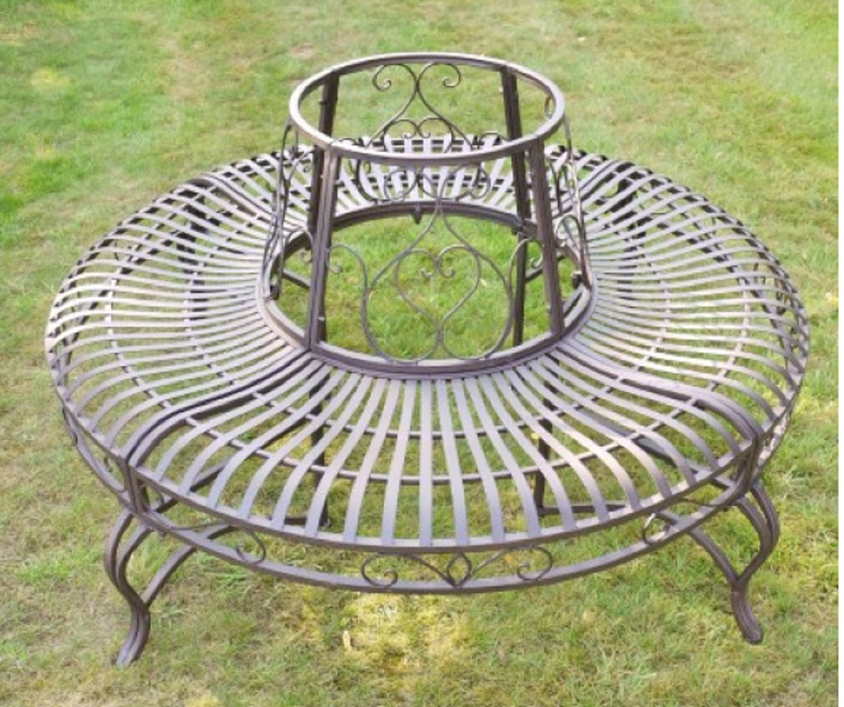 Wrought Iron Style Round Antique Brown Garden Oak, Ash, Pine Tree Bench Seat