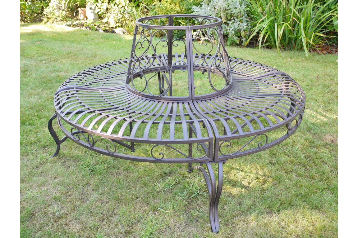 Wrought Iron Style Round Antique Brown Garden Oak, Ash, Pine Tree Bench Seat