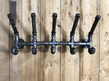 5 Double Industrial Style Water Pipe Steel Coat Hooks Wall Mounted 59cm Long