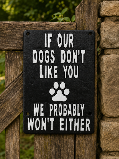 IF OUR DOGS DON'T LIKE YOU WE PROBABLY WON'T EITHER, Black Cast Iron Wall Sign