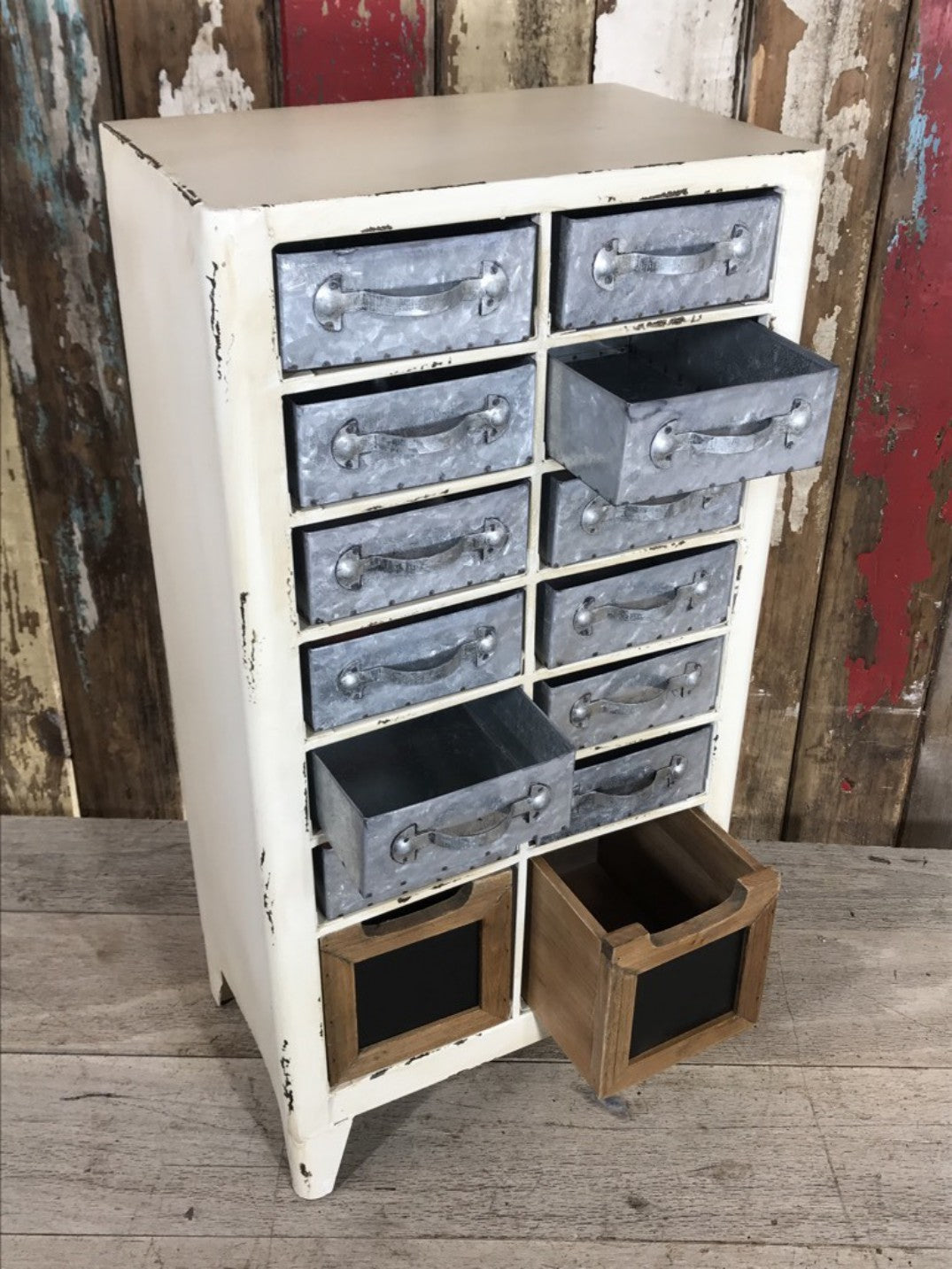 Industrial Free Standing 2' Distressed Metal Chest Of 14 Drawers Useful Cream