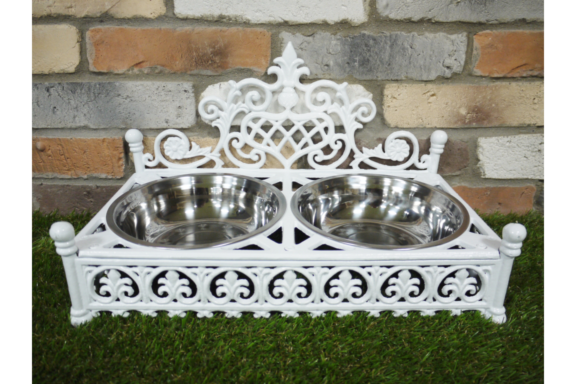 Cast Iron Pet Dish Stand & 2 Stainless Bowls Large 26x45cm
