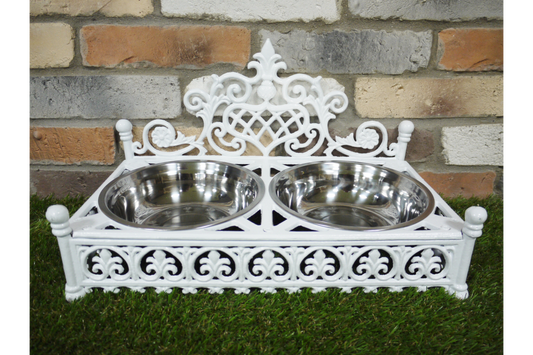 Cast Iron Pet Dish Stand & 2 Stainless Bowls Large 26x45cm