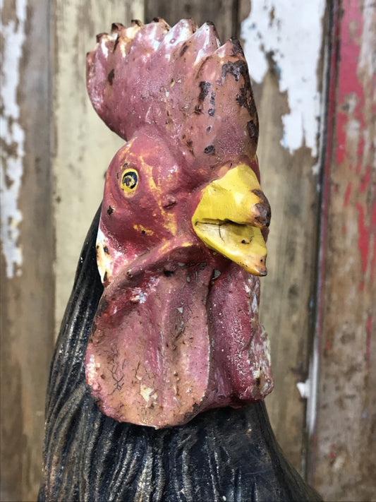 Weathered Heavy Cast Iron Hand Painted Cockerel Chicken Bird Garden
