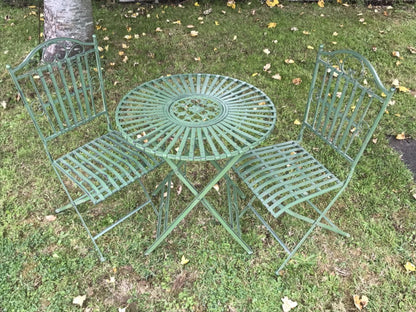 Aged Green Garden Bistro Set 2 Seater Folding Chairs & Round Slatted Table