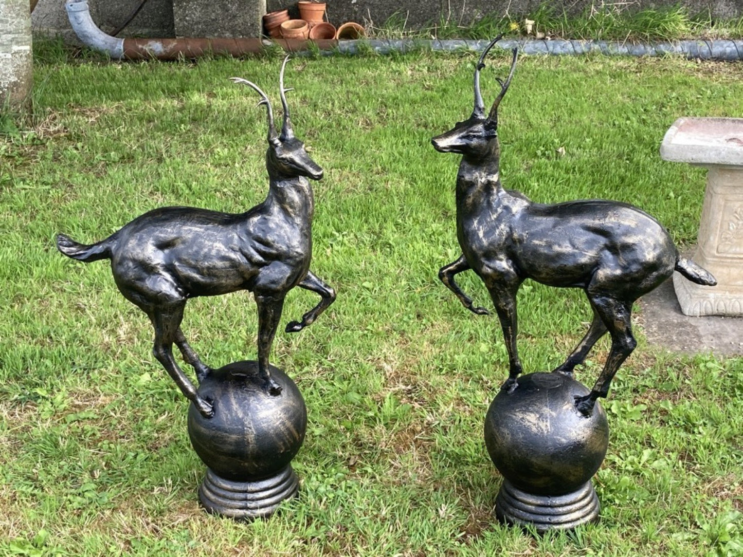 Bronzed Cast Iron Pair of Small Stags On a Ball Sphere Garden Or Gateway