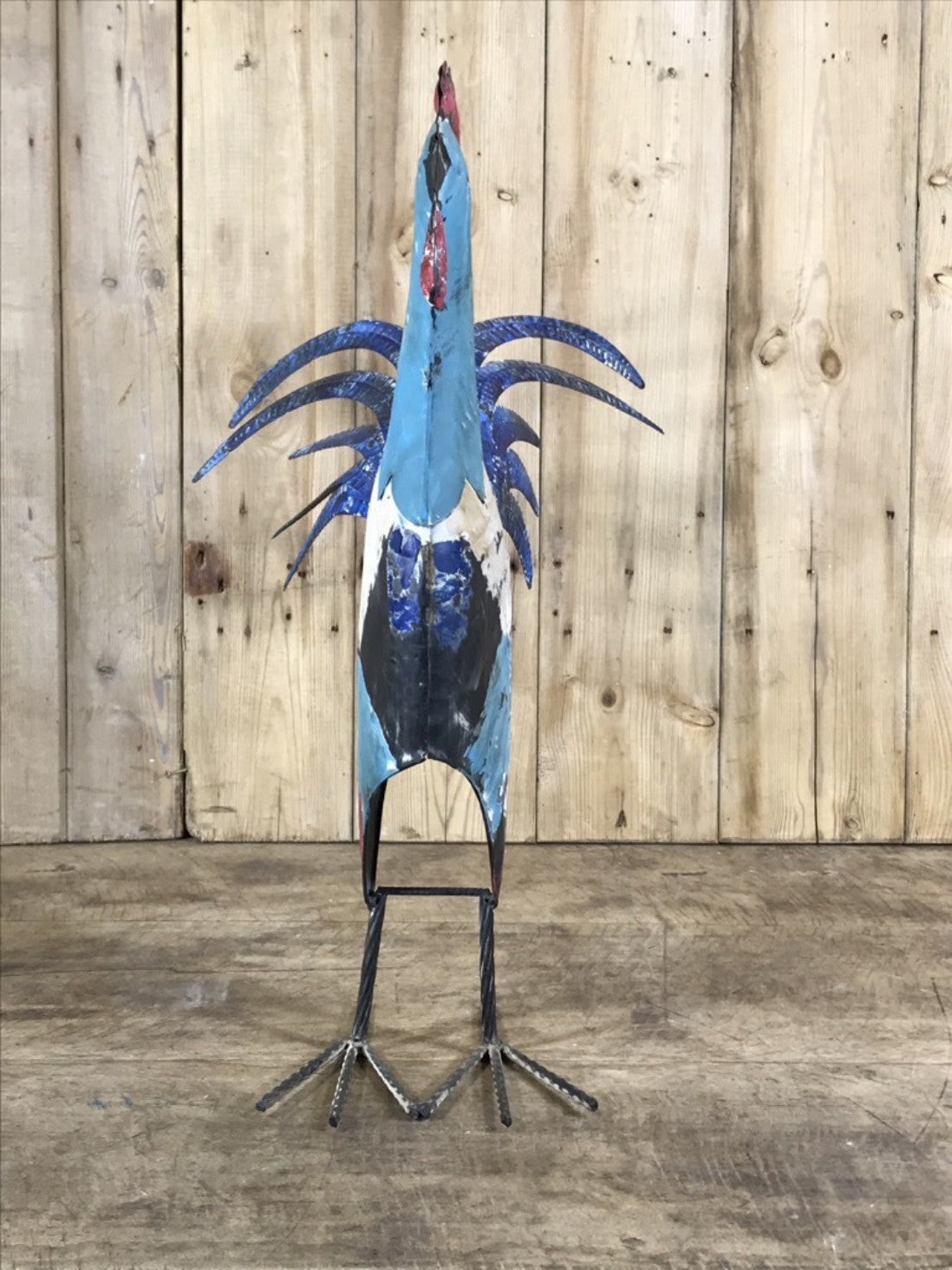 Rustic Hand Painted Metal Tin Standing Cockerel Chicken Bird Figure