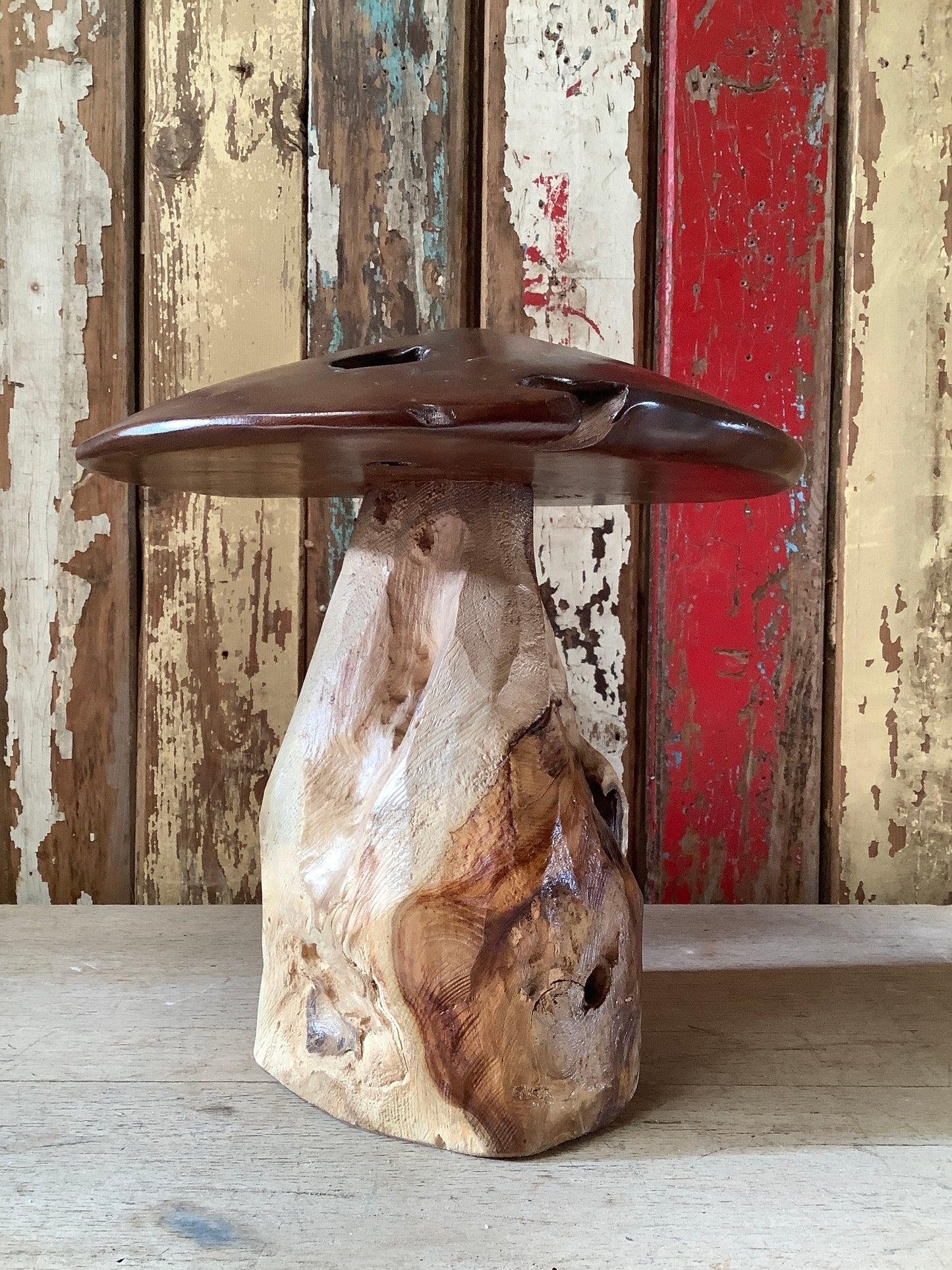 Lovely Recycled Teak Mushroom Statue 12” Tall Natural & Rustic Looking