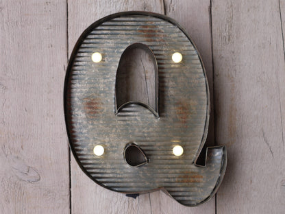 Q Illuminated LED Galvanized Style Tin Metal Fairground Style 10" Letter