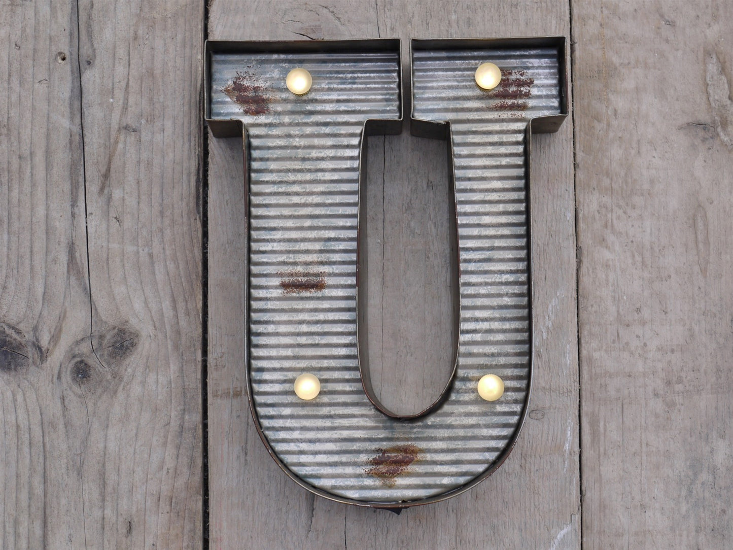 U Illuminated LED Galvanized Style Tin Metal Fairground Style 10" Letter