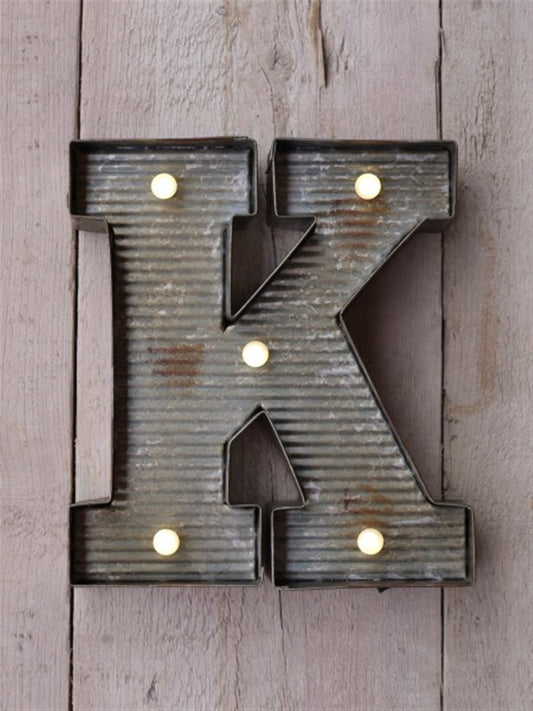 K Illuminated LED Galvanized Style Tin Metal Fairground Style 10" Letter