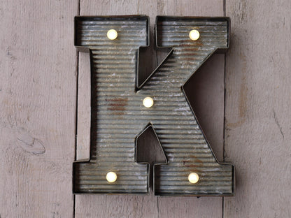 K Illuminated LED Galvanized Style Tin Metal Fairground Style 10" Letter