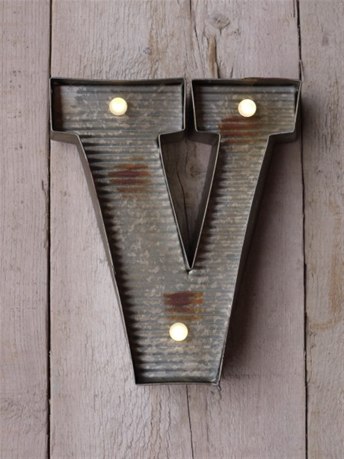 V Illuminated LED Galvanized Style Tin Metal Fairground Style 10" Letter