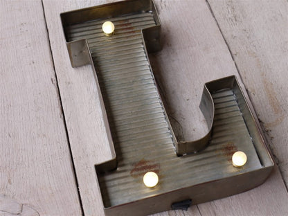 L Illuminated LED Galvanized Style Tin Metal Fairground Style 10" Letter