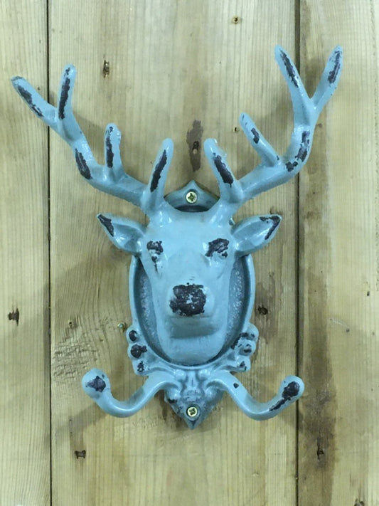 Double Pale Green Cast Iron Stag Head With Antlers Coat Hook