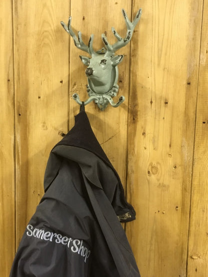 Double Pale Green Cast Iron Stag Head With Antlers Coat Hook