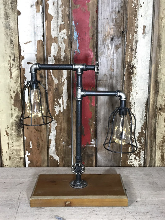 Industrial Style Pipe Double Low Level Lighting Battery Light On Wooden Plinth