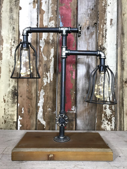 Industrial Style Pipe Double Low Level Lighting Battery Light On Wooden Plinth