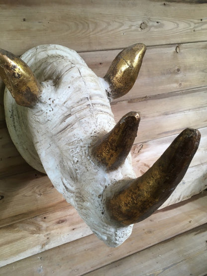 White & Gold Rhino Head Wall Mounting Resin 16” Wild Animal