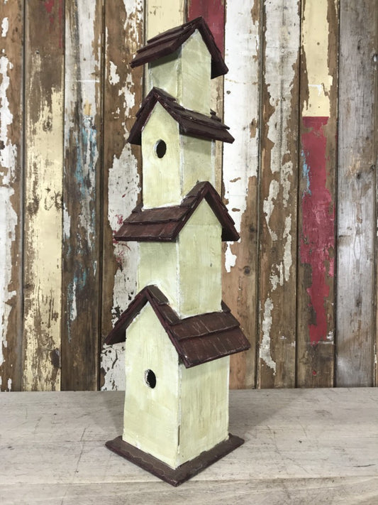 Rustic Painted Wooden Timber 4 Story Bird House Garden Ornament 80cm Tall
