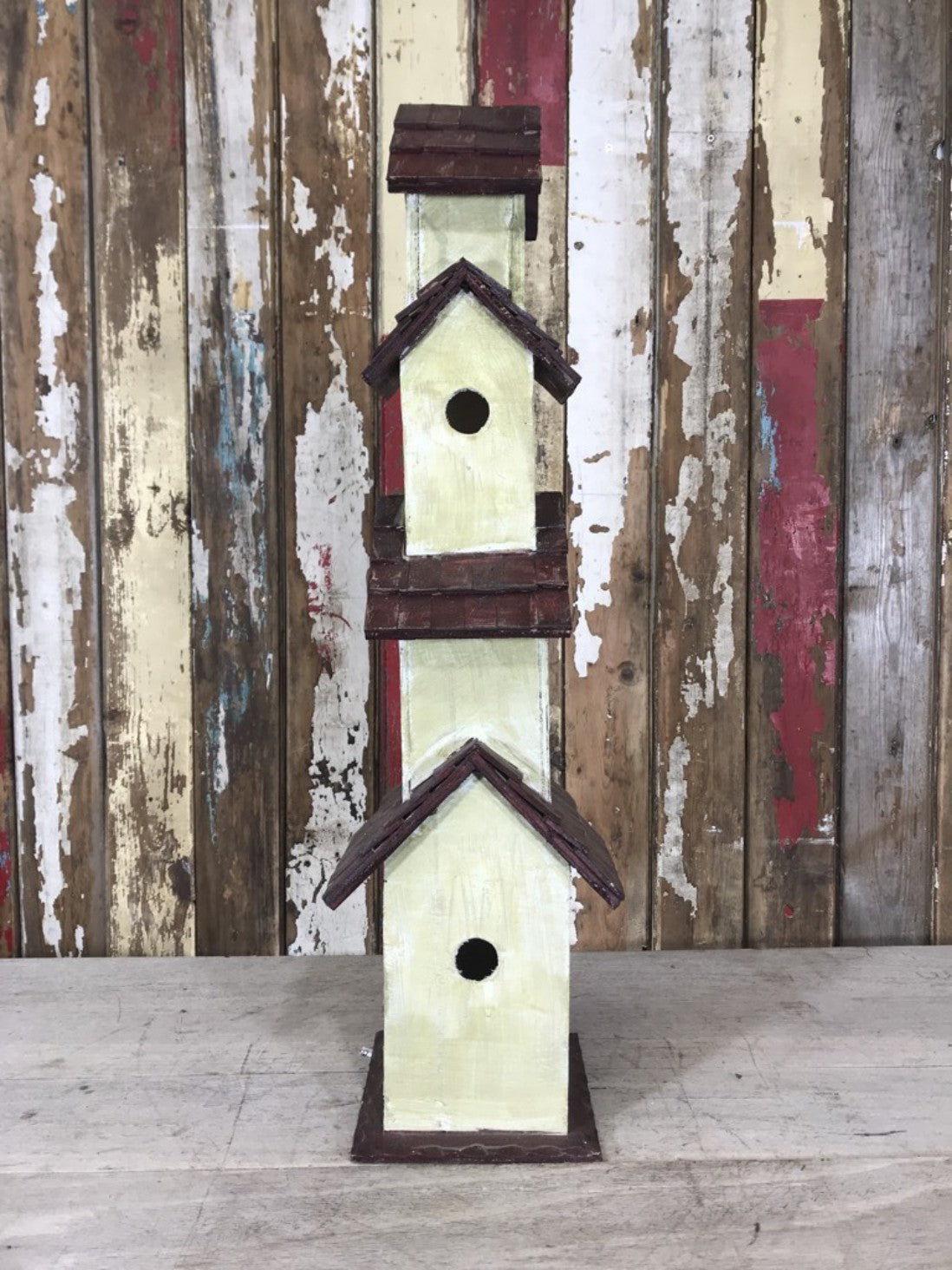Rustic Painted Wooden Timber 4 Story Bird House Garden Ornament 80cm Tall