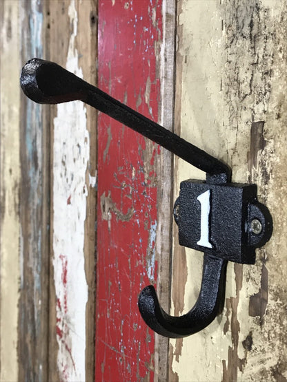 Heavy Solid Cast Iron Black Double Wall Coat Hook with Number 1 in White