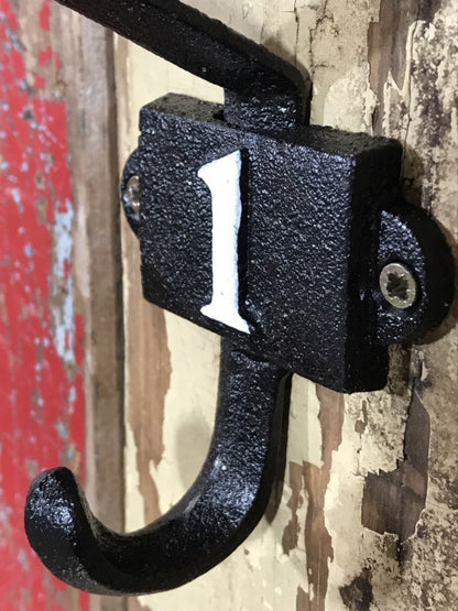 Heavy Solid Cast Iron Black Double Wall Coat Hook with Number 1 in White