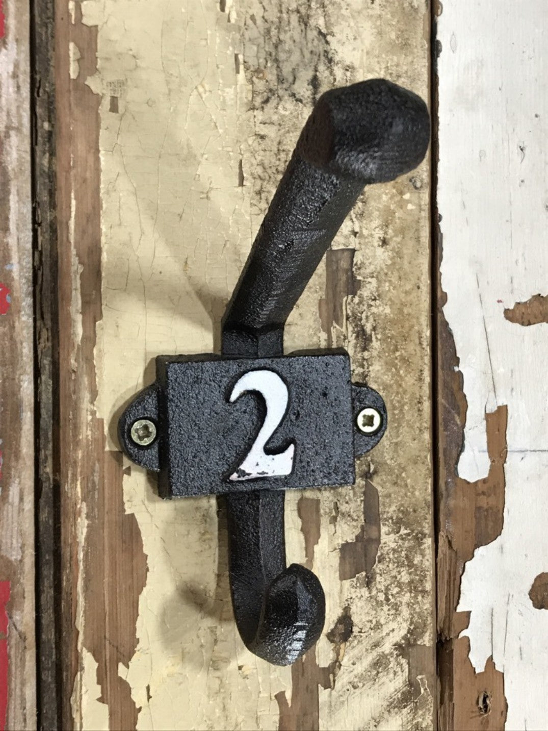 Heavy Solid Cast Iron Black Double Wall Coat Hook with Number 2 in White