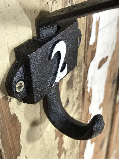 Heavy Solid Cast Iron Black Double Wall Coat Hook with Number 2 in White