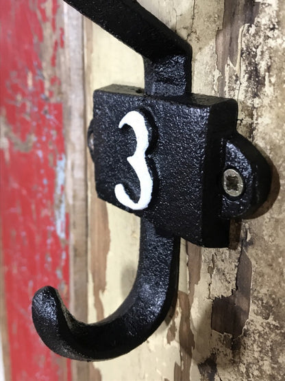 Heavy Solid Cast Iron Black Double Wall Hook with Number 3 in White