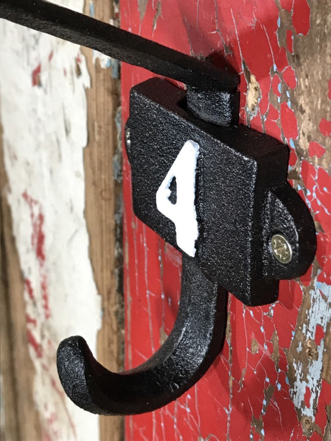 Heavy Solid Cast Iron Black Double Wall Coat Hook with Number 4 in White