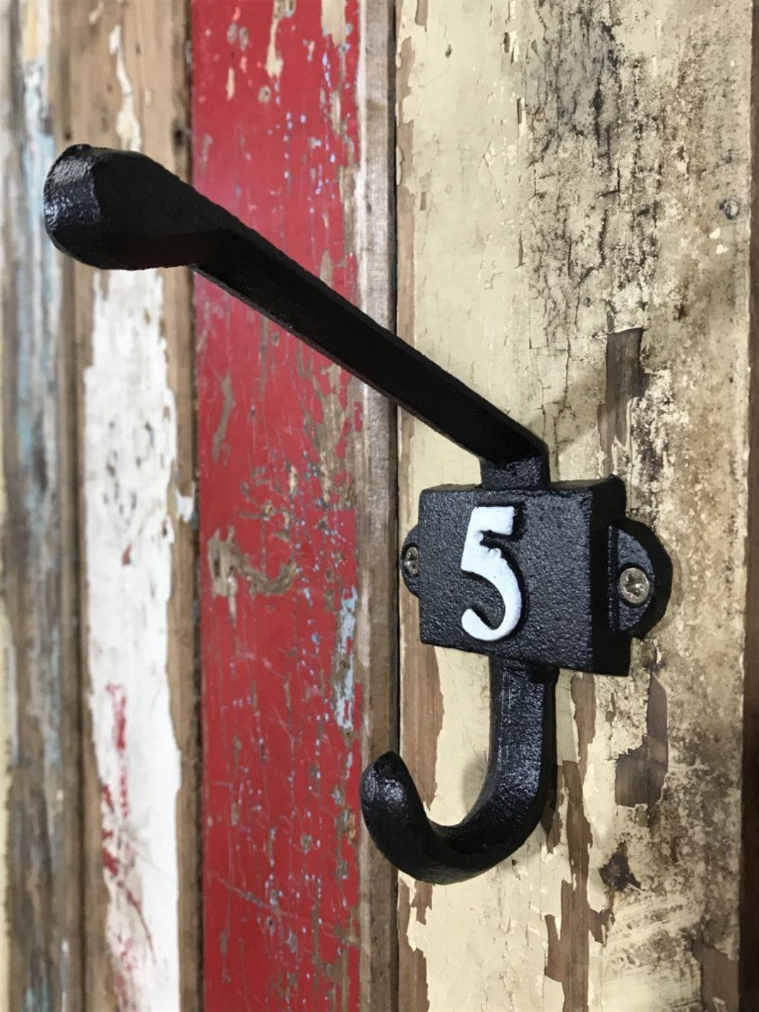 Heavy Solid Cast Iron Black Double Wall Coat Hook with Number 5 in White