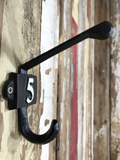 Heavy Solid Cast Iron Black Double Wall Coat Hook with Number 5 in White