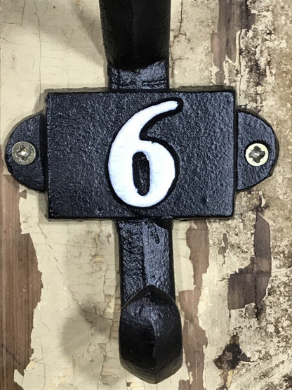 Heavy Solid Cast Iron Black Double Wall Coat Hook with Number 6 in White