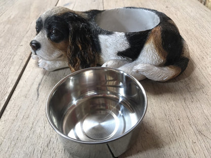 Painted Black,White,Tan King Charles Dog Bowl with 1 Stainless steel Bowl