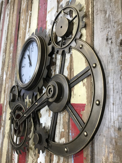 Industrial Style Battery Clock With Pipes Cogs & Wheel Style Look