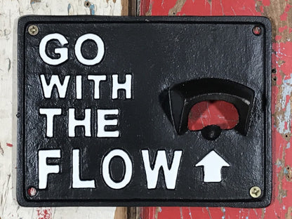Wall Mounted Bottle Opener “GO WITH THE FLOW” Beer Stubby Black Cast Iron