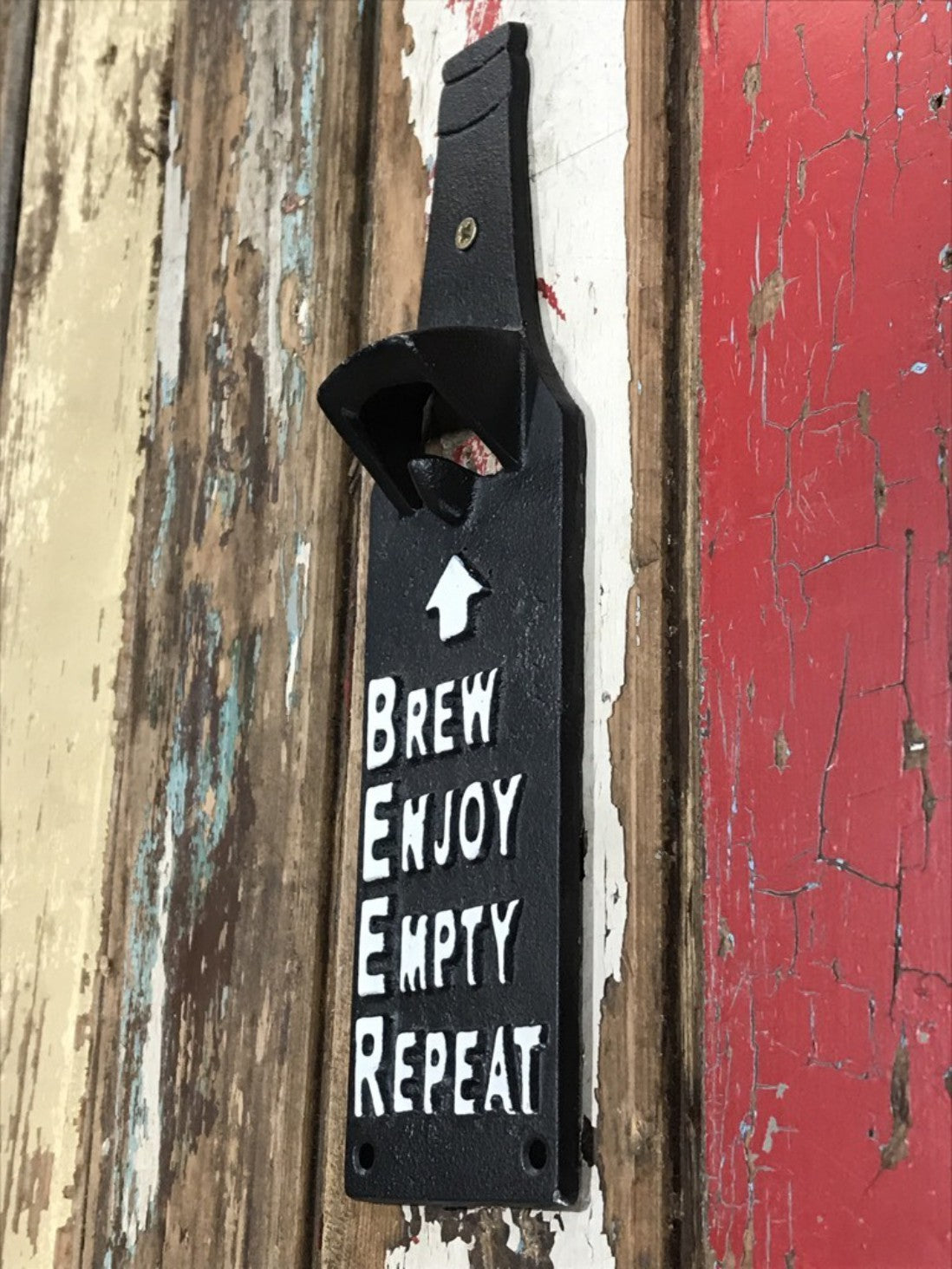 Bottle Shape Beer Top Opener BREW ENJOY EMPTY REPEAT Wall Mounted Cast Iron