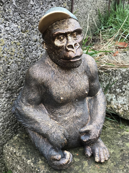 12" Tall Detailed Sitting Resin Gorilla With Baseball Cap On Decorative Figure