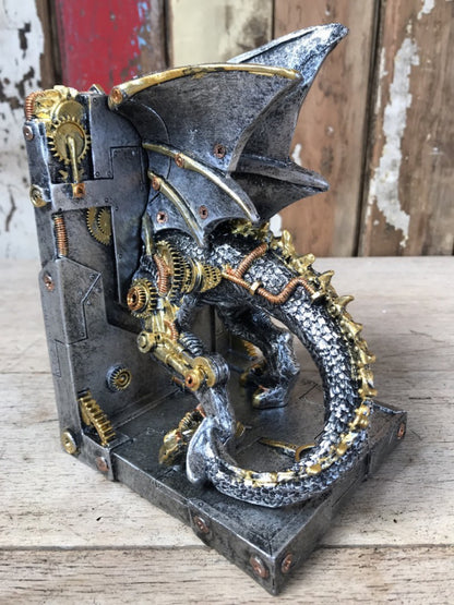 Steampunk Resin Silver Dragon Book Ends with Amazing Gold and Copper Detail
