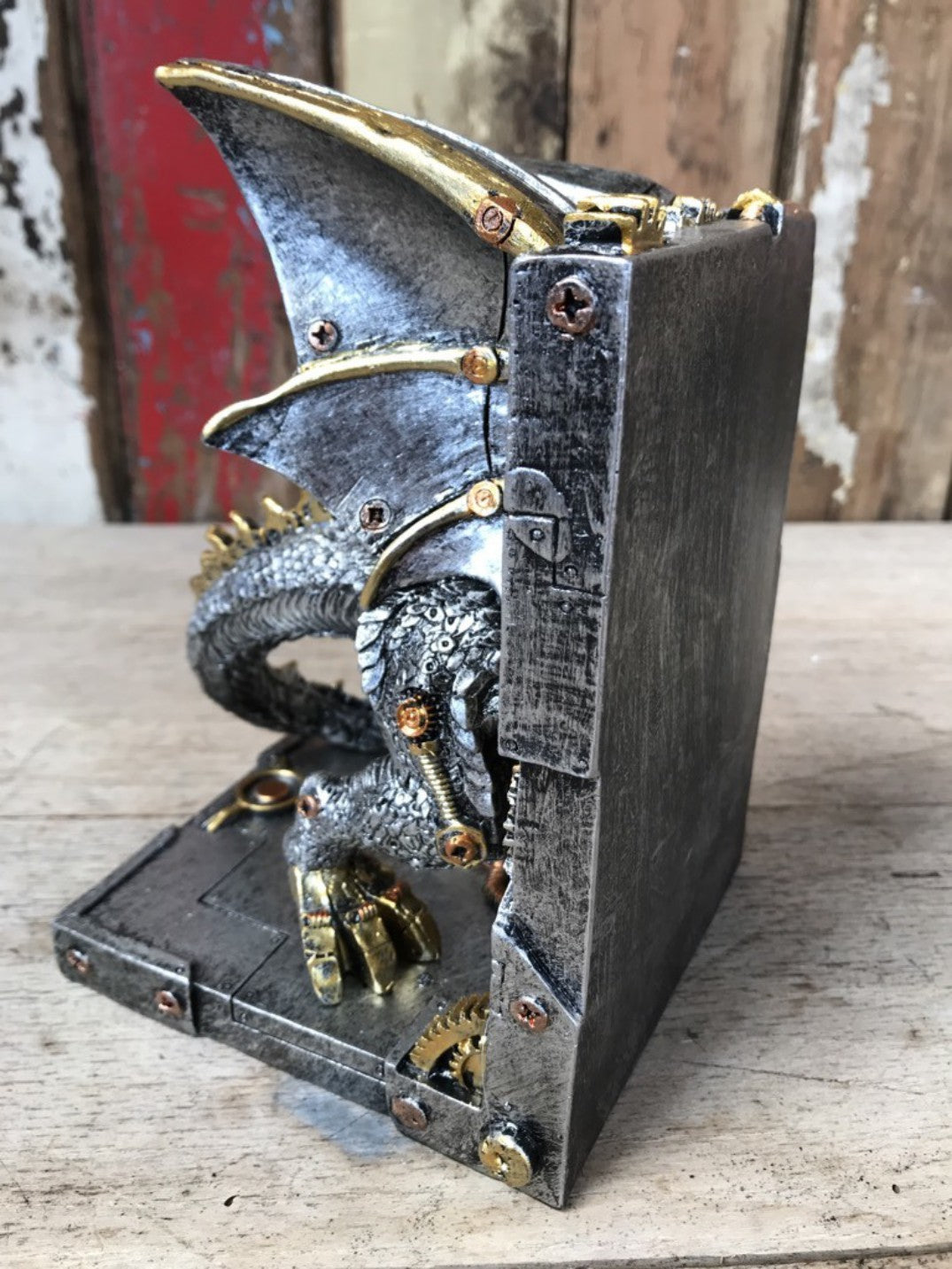 Steampunk Resin Silver Dragon Book Ends with Amazing Gold and Copper Detail